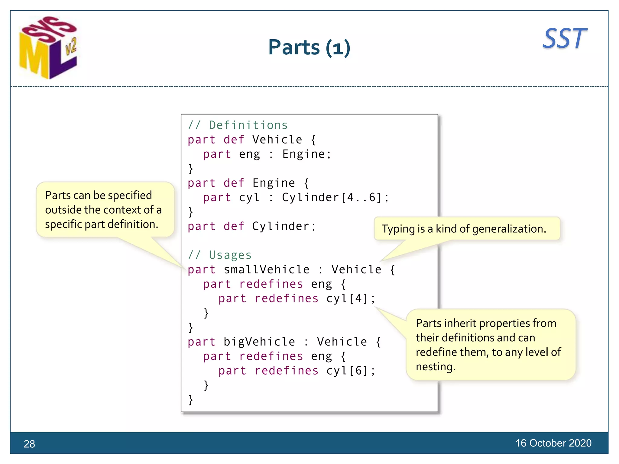 SSTParts (1)
16 October 2020
// Definitions
part def Vehicle {
part eng : Engine;
}
part def Engine {
part cyl : Cylinder[4..6];
}
part def Cylinder;
// Usages
part smallVehicle : Vehicle {
part redefines eng {
part redefines cyl[4];
}
}
part bigVehicle : Vehicle {
part redefines eng {
part redefines cyl[6];
}
}
Typing is a kind of generalization.
Parts inherit properties from
their definitions and can
redefine them, to any level of
nesting.
Parts can be specified
outside the context of a
specific part definition.
28
 