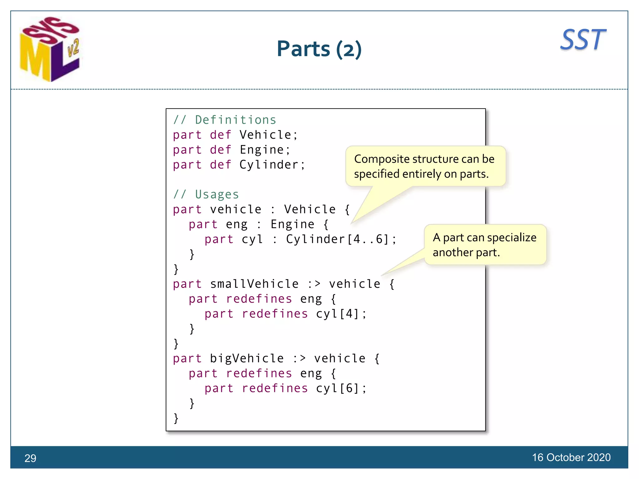 SSTParts (2)
16 October 2020
// Definitions
part def Vehicle;
part def Engine;
part def Cylinder;
// Usages
part vehicle : Vehicle {
part eng : Engine {
part cyl : Cylinder[4..6];
}
}
part smallVehicle :> vehicle {
part redefines eng {
part redefines cyl[4];
}
}
part bigVehicle :> vehicle {
part redefines eng {
part redefines cyl[6];
}
}
Composite structure can be
specified entirely on parts.
A part can specialize
another part.
29
 