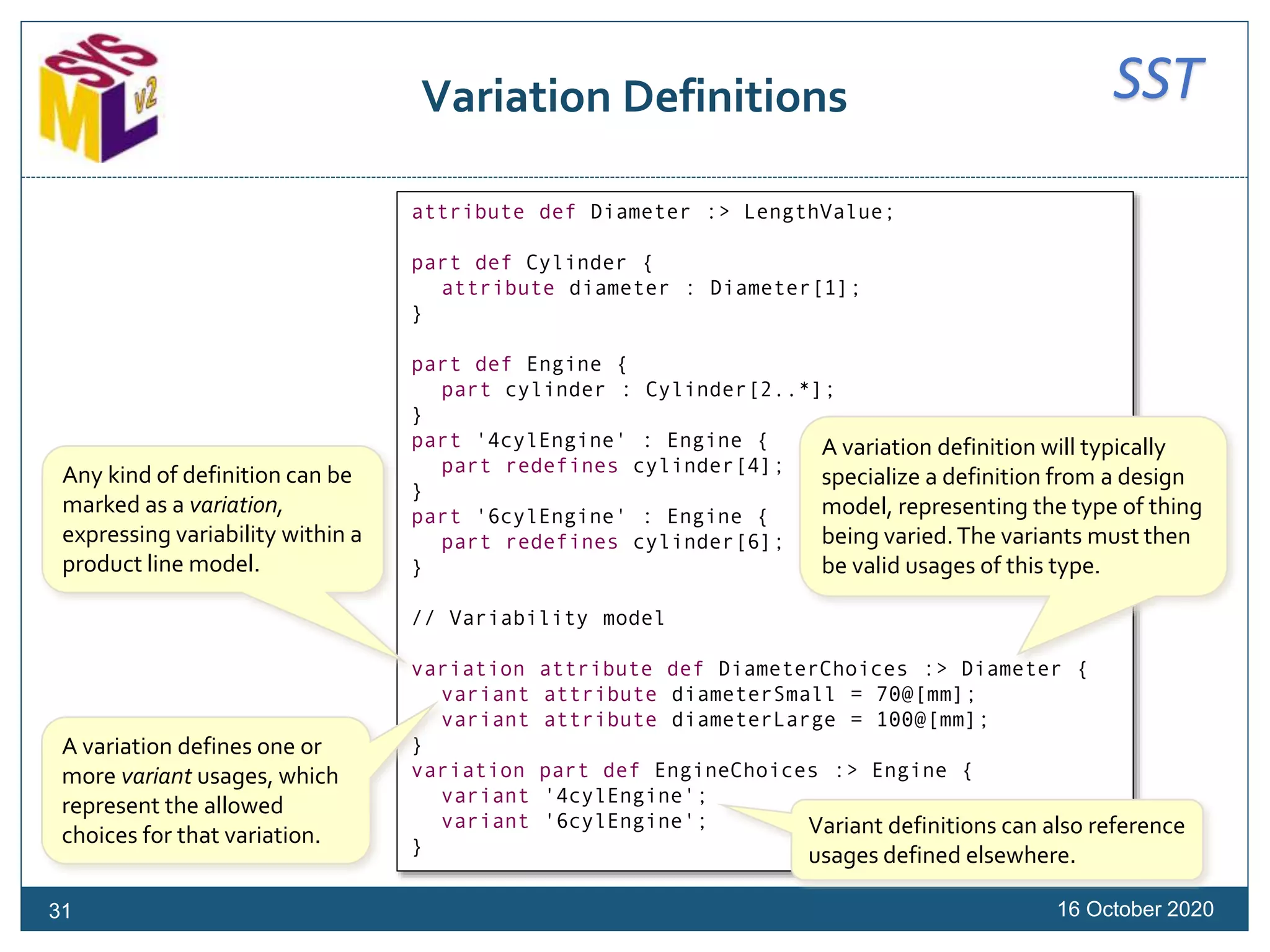 SSTVariation Definitions
16 October 202031
attribute def Diameter :> LengthValue;
part def Cylinder {
attribute diameter : Diameter[1];
}
part def Engine {
part cylinder : Cylinder[2..*];
}
part '4cylEngine' : Engine {
part redefines cylinder[4];
}
part '6cylEngine' : Engine {
part redefines cylinder[6];
}
// Variability model
variation attribute def DiameterChoices :> Diameter {
variant attribute diameterSmall = 70@[mm];
variant attribute diameterLarge = 100@[mm];
}
variation part def EngineChoices :> Engine {
variant '4cylEngine';
variant '6cylEngine';
}
Any kind of definition can be
marked as a variation,
expressing variability within a
product line model.
A variation defines one or
more variant usages, which
represent the allowed
choices for that variation.
A variation definition will typically
specialize a definition from a design
model, representing the type of thing
being varied.The variants must then
be valid usages of this type.
Variant definitions can also reference
usages defined elsewhere.
 