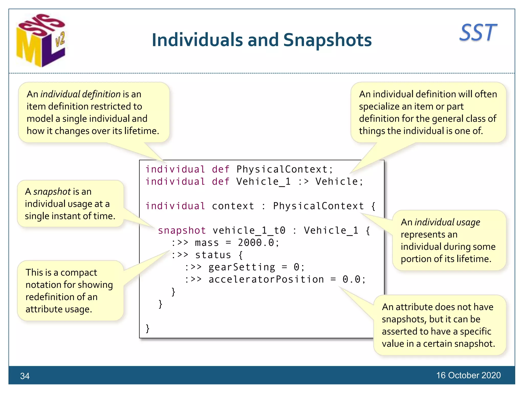 SSTIndividuals and Snapshots
16 October 202034
individual def PhysicalContext;
individual def Vehicle_1 :> Vehicle;
individual context : PhysicalContext {
snapshot vehicle_1_t0 : Vehicle_1 {
:>> mass = 2000.0;
:>> status {
:>> gearSetting = 0;
:>> acceleratorPosition = 0.0;
}
}
}
An individual definition is an
item definition restricted to
model a single individual and
how it changes over its lifetime.
An individual usage
represents an
individual during some
portion of its lifetime.
A snapshot is an
individual usage at a
single instant of time.
This is a compact
notation for showing
redefinition of an
attribute usage. An attribute does not have
snapshots, but it can be
asserted to have a specific
value in a certain snapshot.
An individual definition will often
specialize an item or part
definition for the general class of
things the individual is one of.
 