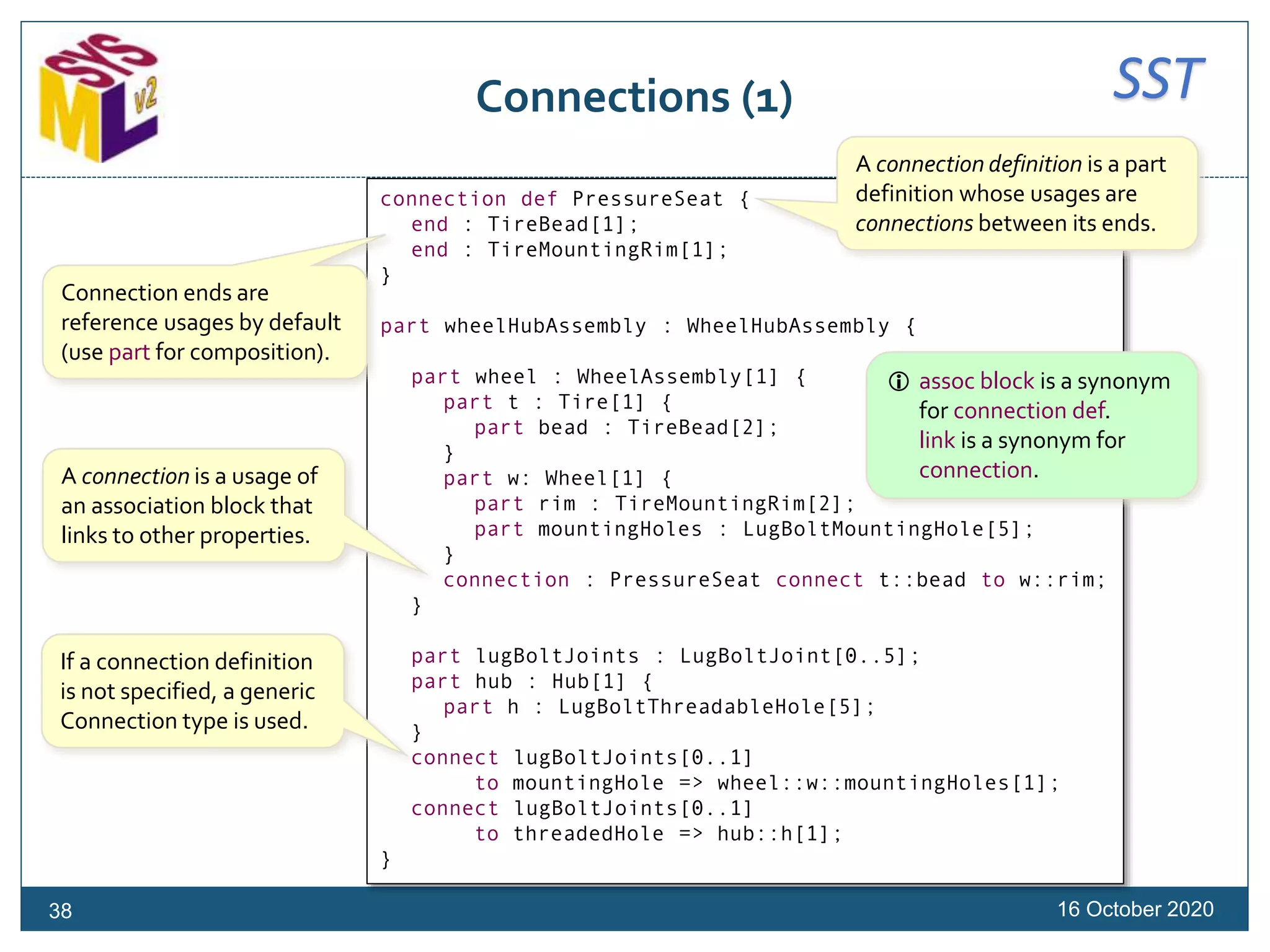 SSTConnections (1)
16 October 2020
connection def PressureSeat {
end : TireBead[1];
end : TireMountingRim[1];
}
part wheelHubAssembly : WheelHubAssembly {
part wheel : WheelAssembly[1] {
part t : Tire[1] {
part bead : TireBead[2];
}
part w: Wheel[1] {
part rim : TireMountingRim[2];
part mountingHoles : LugBoltMountingHole[5];
}
connection : PressureSeat connect t::bead to w::rim;
}
part lugBoltJoints : LugBoltJoint[0..5];
part hub : Hub[1] {
part h : LugBoltThreadableHole[5];
}
connect lugBoltJoints[0..1]
to mountingHole => wheel::w::mountingHoles[1];
connect lugBoltJoints[0..1]
to threadedHole => hub::h[1];
}
A connection definition is a part
definition whose usages are
connections between its ends.
Connection ends are
reference usages by default
(use part for composition).
A connection is a usage of
an association block that
links to other properties.
If a connection definition
is not specified, a generic
Connection type is used.
38
 assoc block is a synonym
for connection def.
link is a synonym for
connection.
 