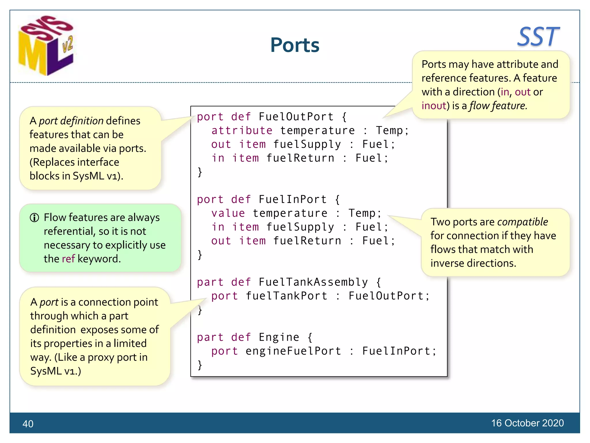 SSTPorts
16 October 2020
port def FuelOutPort {
attribute temperature : Temp;
out item fuelSupply : Fuel;
in item fuelReturn : Fuel;
}
port def FuelInPort {
value temperature : Temp;
in item fuelSupply : Fuel;
out item fuelReturn : Fuel;
}
part def FuelTankAssembly {
port fuelTankPort : FuelOutPort;
}
part def Engine {
port engineFuelPort : FuelInPort;
}
A port definition defines
features that can be
made available via ports.
(Replaces interface
blocks in SysML v1).
Ports may have attribute and
reference features. A feature
with a direction (in, out or
inout) is a flow feature.
A port is a connection point
through which a part
definition exposes some of
its properties in a limited
way. (Like a proxy port in
SysML v1.)
Two ports are compatible
for connection if they have
flows that match with
inverse directions.
40
 Flow features are always
referential, so it is not
necessary to explicitly use
the ref keyword.
 