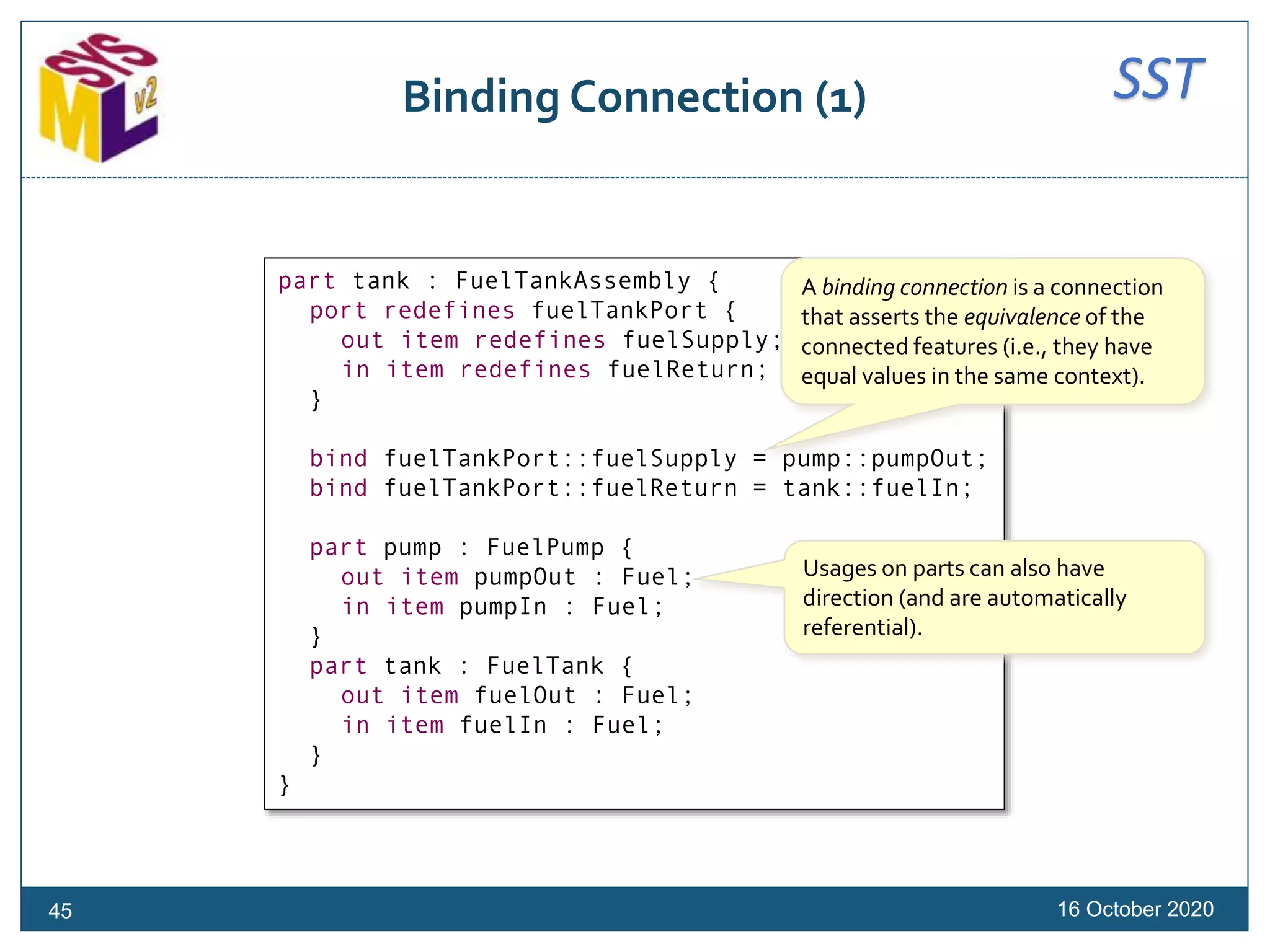 SSTBinding Connection (1)
16 October 2020
part tank : FuelTankAssembly {
port redefines fuelTankPort {
out item redefines fuelSupply;
in item redefines fuelReturn;
}
bind fuelTankPort::fuelSupply = pump::pumpOut;
bind fuelTankPort::fuelReturn = tank::fuelIn;
part pump : FuelPump {
out item pumpOut : Fuel;
in item pumpIn : Fuel;
}
part tank : FuelTank {
out item fuelOut : Fuel;
in item fuelIn : Fuel;
}
}
A binding connection is a connection
that asserts the equivalence of the
connected features (i.e., they have
equal values in the same context).
Usages on parts can also have
direction (and are automatically
referential).
45
 