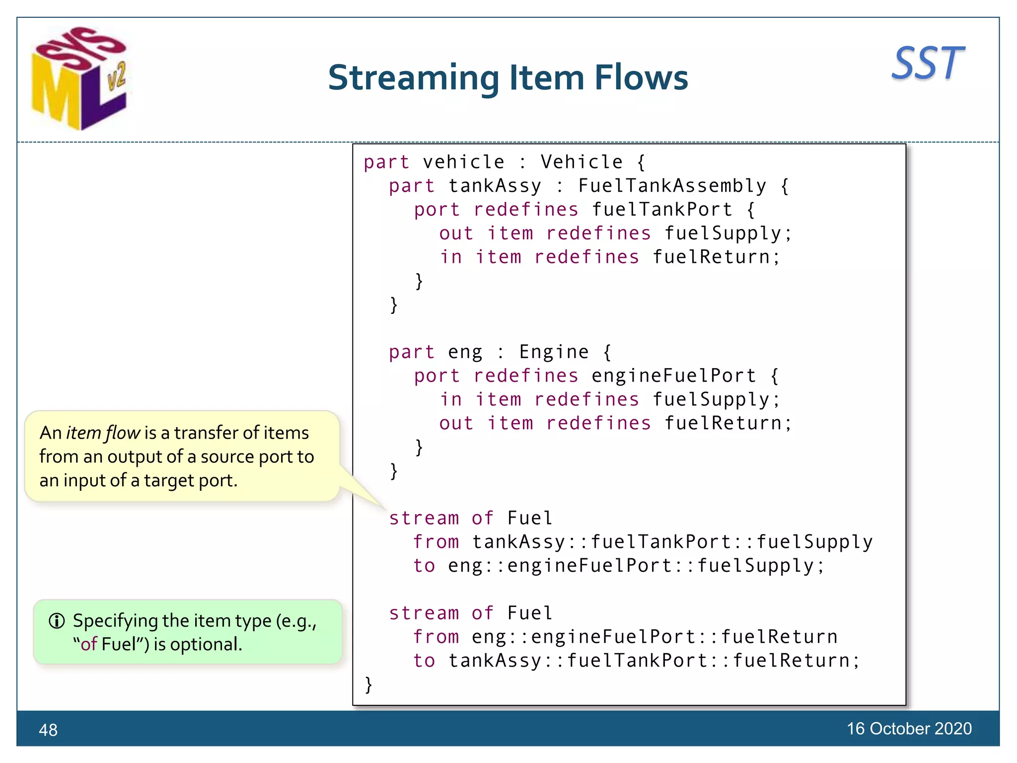 SSTStreaming Item Flows
16 October 2020
part vehicle : Vehicle {
part tankAssy : FuelTankAssembly {
port redefines fuelTankPort {
out item redefines fuelSupply;
in item redefines fuelReturn;
}
}
part eng : Engine {
port redefines engineFuelPort {
in item redefines fuelSupply;
out item redefines fuelReturn;
}
}
stream of Fuel
from tankAssy::fuelTankPort::fuelSupply
to eng::engineFuelPort::fuelSupply;
stream of Fuel
from eng::engineFuelPort::fuelReturn
to tankAssy::fuelTankPort::fuelReturn;
}
An item flow is a transfer of items
from an output of a source port to
an input of a target port.
 Specifying the item type (e.g.,
“of Fuel”) is optional.
48
 