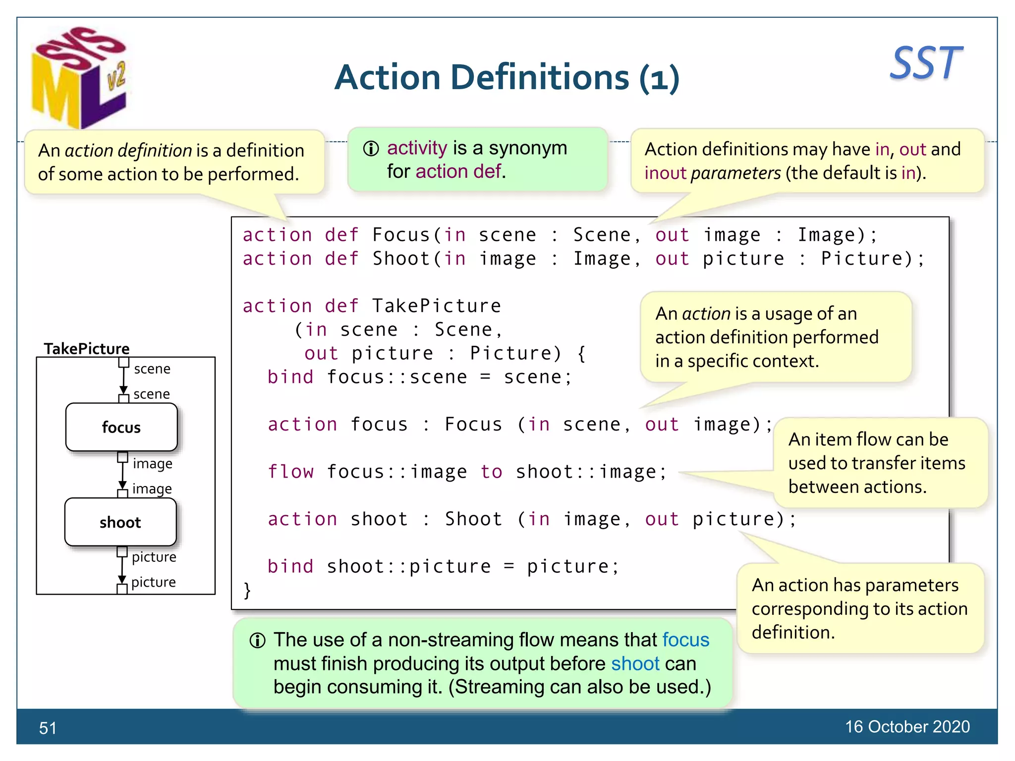 SSTAction Definitions (1)
16 October 2020
action def Focus(in scene : Scene, out image : Image);
action def Shoot(in image : Image, out picture : Picture);
action def TakePicture
(in scene : Scene,
out picture : Picture) {
bind focus::scene = scene;
action focus : Focus (in scene, out image);
flow focus::image to shoot::image;
action shoot : Shoot (in image, out picture);
bind shoot::picture = picture;
}
An action definition is a definition
of some action to be performed.
Action definitions may have in, out and
inout parameters (the default is in).
An action is a usage of an
action definition performed
in a specific context.
An action has parameters
corresponding to its action
definition.
An item flow can be
used to transfer items
between actions.
 The use of a non-streaming flow means that focus
must finish producing its output before shoot can
begin consuming it. (Streaming can also be used.)
scene
scene
image
image
picture
picture
focus
shoot
TakePicture
51
 activity is a synonym
for action def.
 