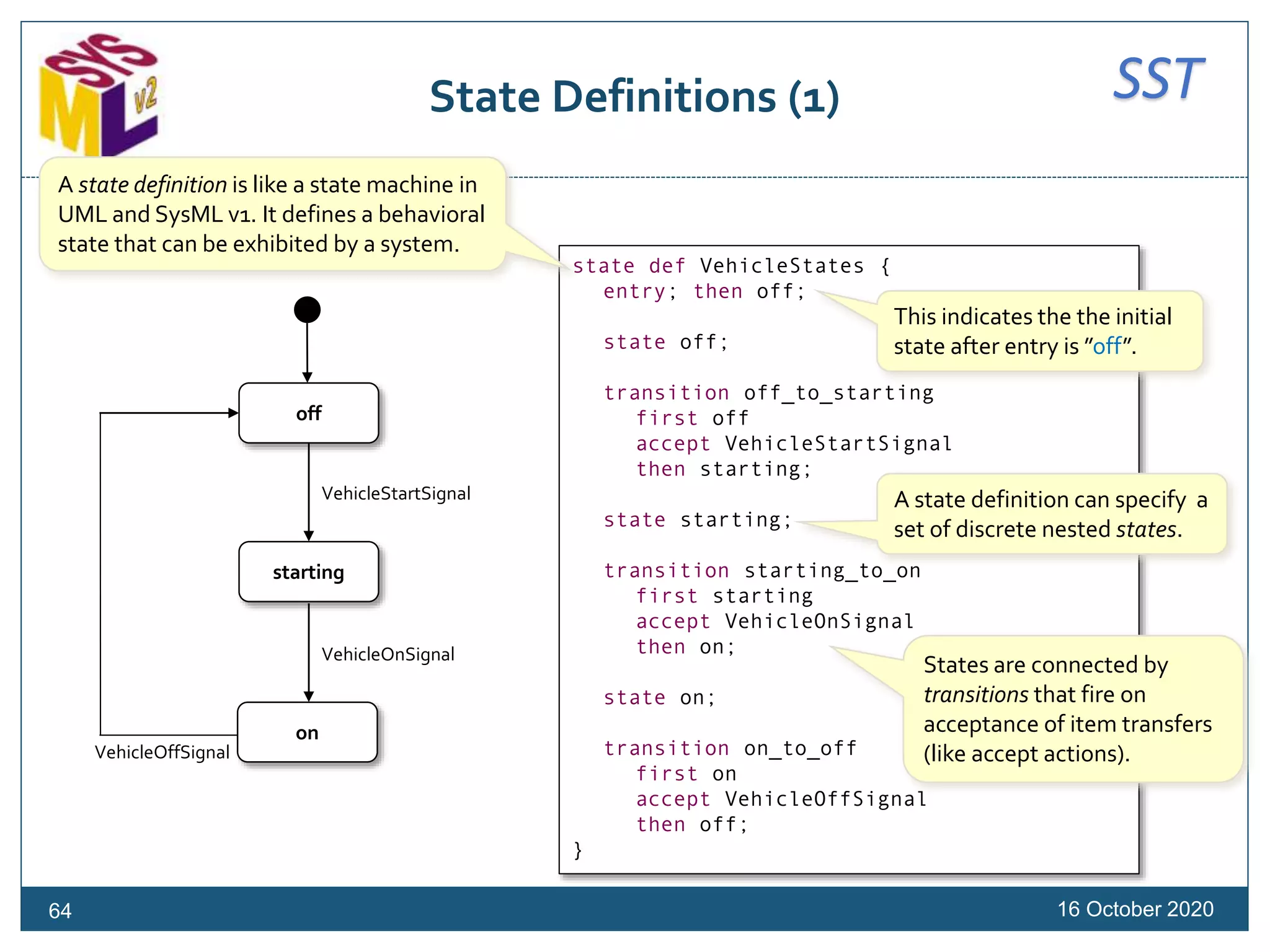 SSTState Definitions (1)
16 October 202064
state def VehicleStates {
entry; then off;
state off;
transition off_to_starting
first off
accept VehicleStartSignal
then starting;
state starting;
transition starting_to_on
first starting
accept VehicleOnSignal
then on;
state on;
transition on_to_off
first on
accept VehicleOffSignal
then off;
}
off
starting
on
VehicleOnSignal
VehicleStartSignal
VehicleOffSignal
A state definition is like a state machine in
UML and SysML v1. It defines a behavioral
state that can be exhibited by a system.
This indicates the the initial
state after entry is ”off”.
A state definition can specify a
set of discrete nested states.
States are connected by
transitions that fire on
acceptance of item transfers
(like accept actions).
 