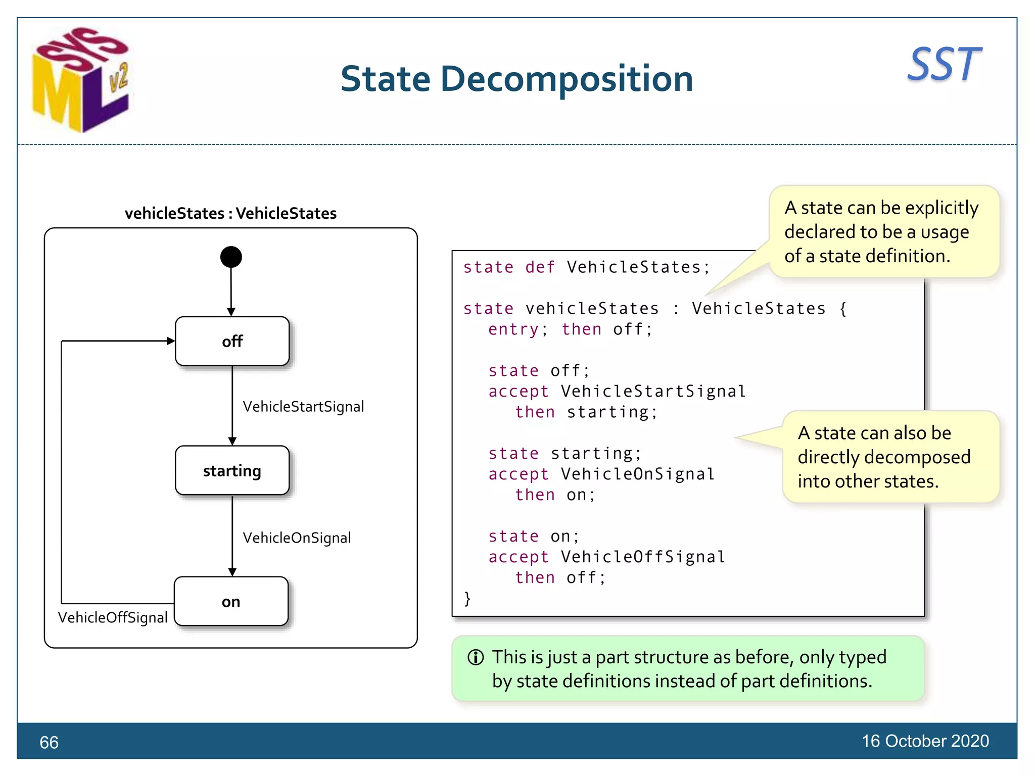 SSTState Decomposition
16 October 202066
state def VehicleStates;
state vehicleStates : VehicleStates {
entry; then off;
state off;
accept VehicleStartSignal
then starting;
state starting;
accept VehicleOnSignal
then on;
state on;
accept VehicleOffSignal
then off;
}
A state can be explicitly
declared to be a usage
of a state definition.
A state can also be
directly decomposed
into other states.
off
starting
on
VehicleOnSignal
VehicleStartSignal
VehicleOffSignal
vehicleStates :VehicleStates
 This is just a part structure as before, only typed
by state definitions instead of part definitions.
 