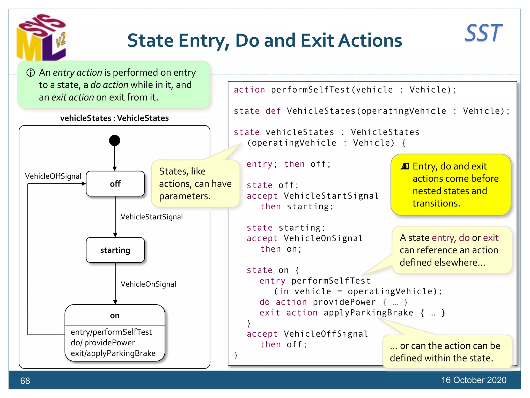 SSTState Entry, Do and Exit Actions
16 October 202068
action performSelfTest(vehicle : Vehicle);
state def VehicleStates(operatingVehicle : Vehicle);
state vehicleStates : VehicleStates
(operatingVehicle : Vehicle) {
entry; then off;
state off;
accept VehicleStartSignal
then starting;
state starting;
accept VehicleOnSignal
then on;
state on {
entry performSelfTest
(in vehicle = operatingVehicle);
do action providePower { … }
exit action applyParkingBrake { … }
}
accept VehicleOffSignal
then off;
}
off
starting
VehicleOffSignal
vehicleStates :VehicleStates
on
entry/performSelfTest
do/ providePower
exit/applyParkingBrake
A state entry, do or exit
can reference an action
defined elsewhere…
… or can the action can be
defined within the state.
States, like
actions, can have
parameters.
 Entry, do and exit
actions come before
nested states and
transitions.
 An entry action is performed on entry
to a state, a do action while in it, and
an exit action on exit from it.
VehicleOnSignal
VehicleStartSignal
 