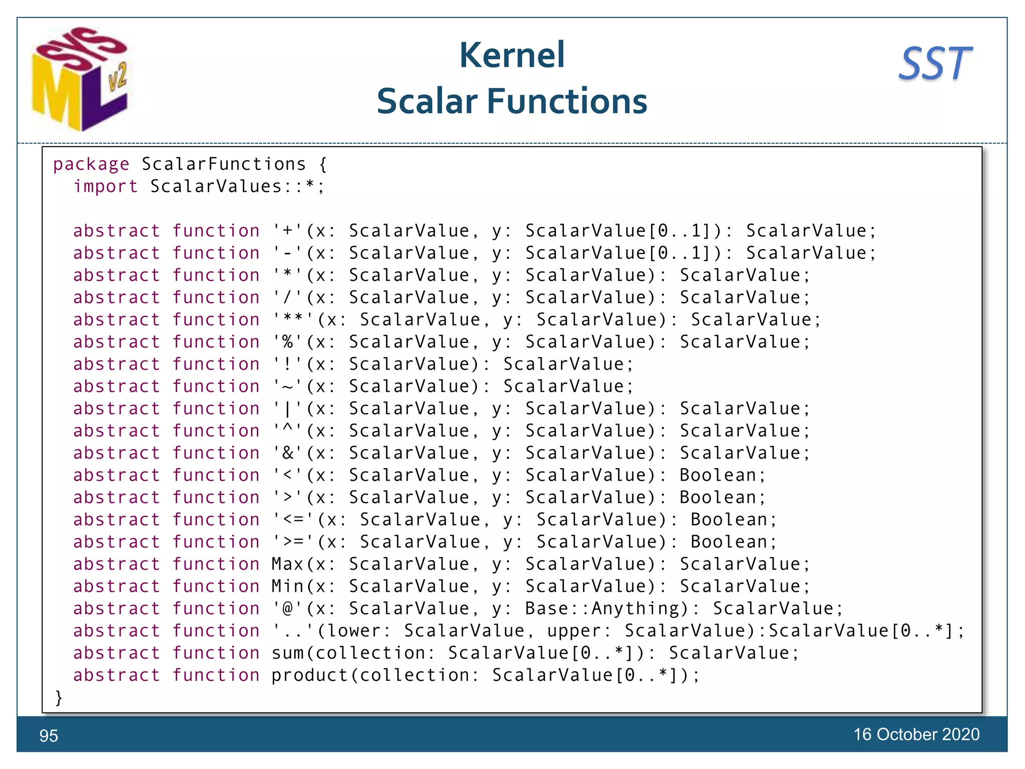 SSTKernel
Scalar Functions
16 October 2020
package ScalarFunctions {
import ScalarValues::*;
abstract function '+'(x: ScalarValue, y: ScalarValue[0..1]): ScalarValue;
abstract function '-'(x: ScalarValue, y: ScalarValue[0..1]): ScalarValue;
abstract function '*'(x: ScalarValue, y: ScalarValue): ScalarValue;
abstract function '/'(x: ScalarValue, y: ScalarValue): ScalarValue;
abstract function '**'(x: ScalarValue, y: ScalarValue): ScalarValue;
abstract function '%'(x: ScalarValue, y: ScalarValue): ScalarValue;
abstract function '!'(x: ScalarValue): ScalarValue;
abstract function '~'(x: ScalarValue): ScalarValue;
abstract function '|'(x: ScalarValue, y: ScalarValue): ScalarValue;
abstract function '^'(x: ScalarValue, y: ScalarValue): ScalarValue;
abstract function '&'(x: ScalarValue, y: ScalarValue): ScalarValue;
abstract function '<'(x: ScalarValue, y: ScalarValue): Boolean;
abstract function '>'(x: ScalarValue, y: ScalarValue): Boolean;
abstract function '<='(x: ScalarValue, y: ScalarValue): Boolean;
abstract function '>='(x: ScalarValue, y: ScalarValue): Boolean;
abstract function Max(x: ScalarValue, y: ScalarValue): ScalarValue;
abstract function Min(x: ScalarValue, y: ScalarValue): ScalarValue;
abstract function '@'(x: ScalarValue, y: Base::Anything): ScalarValue;
abstract function '..'(lower: ScalarValue, upper: ScalarValue):ScalarValue[0..*];
abstract function sum(collection: ScalarValue[0..*]): ScalarValue;
abstract function product(collection: ScalarValue[0..*]);
}
95
 