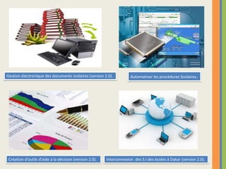 Automatiser les procédures Scolaires.Gestion électronique des documents scolaires (version 2.0).Interconnexion  des S.I des écoles à Dakar (version 2.0).Création d’outils d’aide à la décision (version 2.0).