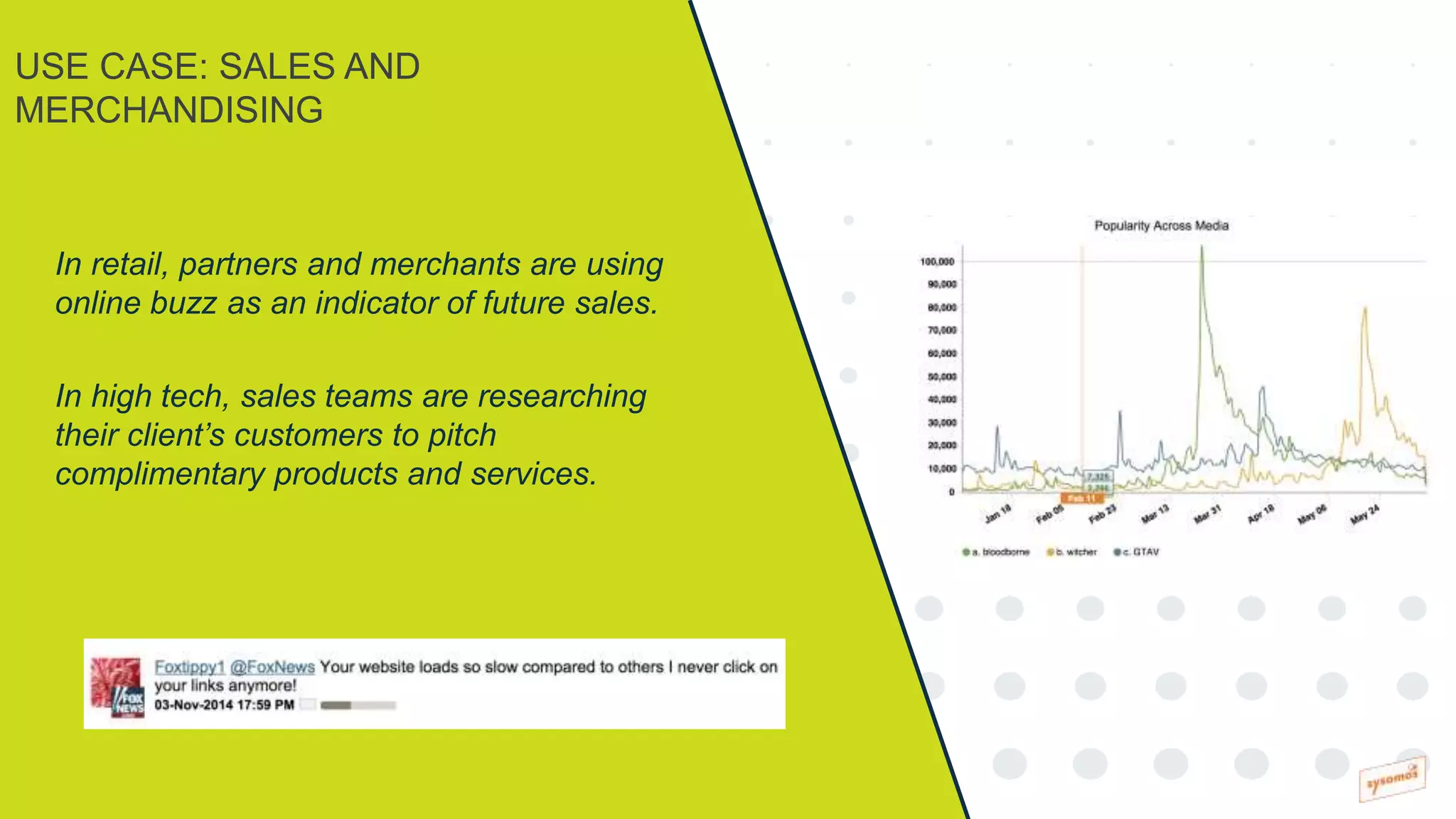 In retail, partners and merchants are using
online buzz as an indicator of future sales.
In high tech, sales teams are researching
their client’s customers to pitch
complimentary products and services.
USE CASE: SALES AND
MERCHANDISING
 