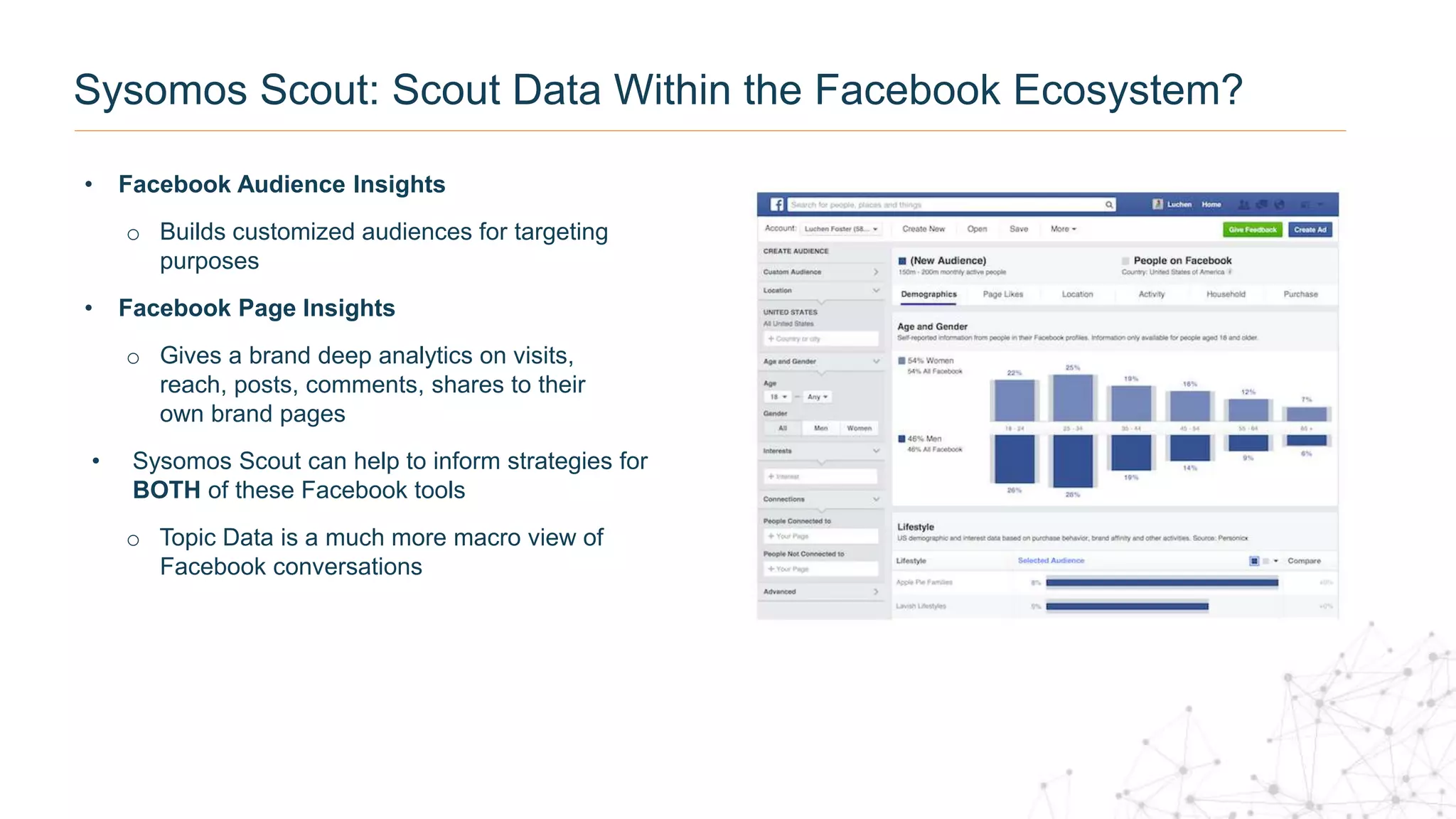 Sysomos Scout: Scout Data Within the Facebook Ecosystem?
• Facebook Audience Insights
o Builds customized audiences for targeting
purposes
• Facebook Page Insights
o Gives a brand deep analytics on visits,
reach, posts, comments, shares to their
own brand pages
• Sysomos Scout can help to inform strategies for
BOTH of these Facebook tools
o Topic Data is a much more macro view of
Facebook conversations
 