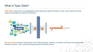What is Topic Data?
Sysomos Scout captures insights drawn from millions of posts, reactions, comments, and shares across the entire
Facebook network – all in a way that keeps personal information private.
Topic Data is anonymous and aggregated content data about specific activities, events, brand names and other
subjects that people are sharing on Facebook.
 