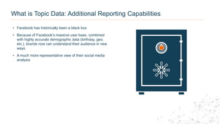 • Facebook has historically been a black box
• Because of Facebook’s massive user base, combined
with highly accurate demographic data (birthday, geo,
etc.), brands now can understand their audience in new
ways
• A much more representative view of their social media
analysis
What is Topic Data: Additional Reporting Capabilities
 
