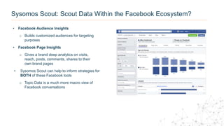 Sysomos Scout: Scout Data Within the Facebook Ecosystem?
• Facebook Audience Insights
o Builds customized audiences for targeting
purposes
• Facebook Page Insights
o Gives a brand deep analytics on visits,
reach, posts, comments, shares to their
own brand pages
• Sysomos Scout can help to inform strategies for
BOTH of these Facebook tools
o Topic Data is a much more macro view of
Facebook conversations
 