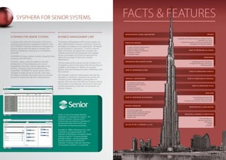 SYSPHERA FOR SENIOR SYSTEMS.
Senior is one of the largest Brazilian
developers of management systems. The
software solutions, services and IT
infrastructure are aimed at customers of
all sizes and ensure full control over
information and business processes.
Founded in 1988 in Blumenau (SC), with
4 branches and approximately 100
channels of distribution throughout Brazil,
making a total of 3 thousand people
actively involved – among employees,
business partners and distribution
channels. Currently, there are more than
10 thousand customers in its portfolio.
BUSINESS MANAGEMENT | ERP
The Business Management | ERP solution gathers all
data, administrative, financial, commercial, industrial
and logistic procedures of an organization. Developed
on the concept of "one-touch", in which a launch
feeds information throughout the company, the
software streamlines the operational and strategic
actions and enables full control of operations by
aiding the exchange of data from multiple
departments.
The nine areas of the solution provide conditions for
managers to control information from the purchase of
supplies to the logistics of delivery of any given
product and even handling the entire relationship with
the customer.
The software is ideal for organizations who feel the
disruption in operations, caused by the growth and
inclusion of new stakeholders running parts of a
process. With the use of the ERP, the company will see
the rewards of cost reduction, less time for each task
and the optimization in the flow of information for
decision making.
SYSPHERA FOR SENIOR SYSTEMS
A solution that unites the robustness of the Senior
award-winning business management platform with
the SYSPHERA Corporate Performance Management
solution, giving users the ability to manage their
Planning, Budgeting, Forecasting & Consolidation
processes.
SYSPHERA for Senior Systems natively integrates these
processes with ERP Senior.
Therefore, Senior customers dispense with the
development of their budgeting over a set of
spreadsheets that offer a partial approach to the
problem, creating a huge workload for those
responsible. SYSPHERA for Senior Systems offers
managers a single version of the fact, with clean,
consisted and reliable information that will certainly
be used to improve the decision making process.
GO LIVE OF THE 1.0 VERSION | mar 2006
START OF OPERATIONS IN ARGENTINA
START OF OPERATIONS IN PERU
PARTNERSHIP WITH SENIOR SYSTEMS
BUSINESS MODELING
• Financial and Operational
• Powerful Workflow of Business Processes
• Tasks,Activities and Responsibilities
• Deadline and Execution Control
• Business Rules
FINANCIAL CONSOLIDATION
• Consolidation and Businesses
• Elimination between Companies
• Multi-Currency
• Proportion (ownership)
• Adjustments (journal entry)
PREDICTIVE ANALYSIS
• Creation of Scenarios and Simulations
• Assess the Impact of Changes
• Planning of Mergers and Acquisitions
• Drill Down in Formulas
• Profitability Analysis
MICROSTRATEGY GLOBAL O&M PARTNER
BUDGETING, PLANNING & FORECASTING
• Top Down/Bottom-up
• Base Zero and/or Matrix
• HR Planning
• CAPEX
• Audit Trail
MICROSTRATEGY LATAM PARTNER
START OF OPERATIONS IN USA
START OF OPERSTIONS IN PORTUGAL
START OF OPERATIONS IN MEXICO
DATA LOAD
• Any Technology Data and/or ERP
• Automatic load of and for ERP
• Automatic Synchronization of Dimensions Model
START OF OPERATIONS IN CANADA
REPORTS
• Integration with Platforms of Business Intelligence Platforms
• Drill Down / Up / Across
• Automatic Generation of Financial and Statutory Book
• Management and Operational Reports
MONITORING
• Dashboards & Panels Management
• Automatic Drill Through to data source
• Performance Alerts
 