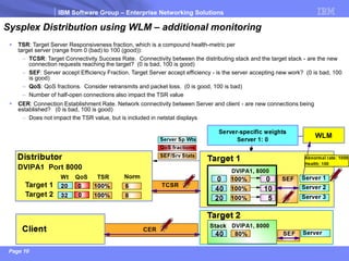 IBM Software Group –Enterprise Networking Solutions 
Page 10 
Sysplex Distribution using WLM –additional monitoring 
TSR: Target Server Responsiveness fraction, which is a compound health-metric per target server (range from 0 (bad) to 100 (good)): 
–TCSR: Target Connectivity Success Rate. Connectivity between the distributing stack and the target stack -are the new connection requests reaching the target? (0 is bad, 100 is good) 
–SEF: Server accept Efficiency Fraction. Target Server accept efficiency -is the server accepting new work? (0 is bad, 100 is good) 
–QoS: QoS fractions. Consider retransmits and packet loss. (0 is good, 100 is bad) 
–Number of half-open connections also impact the TSR value 
CER: Connection Establishment Rate. Network connectivity between Server and client -are new connections being established? (0 is bad, 100 is good) 
–Does not impact the TSR value, but is included in netstat displays  