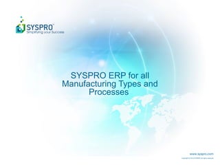 www.syspro.com
Copyright © 2015 SYSPRO All rights reserved.
SYSPRO ERP for all
Manufacturing Types and
Processes
 