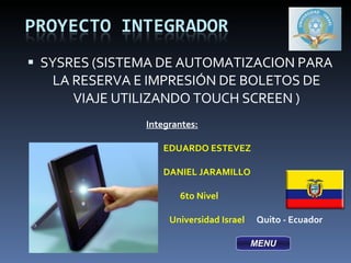 Integrantes: EDUARDO ESTEVEZ DANIEL JARAMILLO   6to Nivel   Universidad Israel  Quito - Ecuador   ,[object Object],MENU 