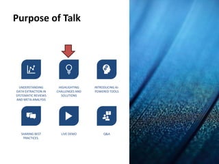 Purpose of Talk
UNDERSTANDING
DATA EXTRACTION IN
SYSTEMATIC REVIEWS
AND META-ANALYSIS
HIGHLIGHTING
CHALLENGES AND
SOLUTIONS
INTRODUCING AI-
POWERED TOOLS
SHARING BEST
PRACTICES.
LIVE DEMO Q&A
 