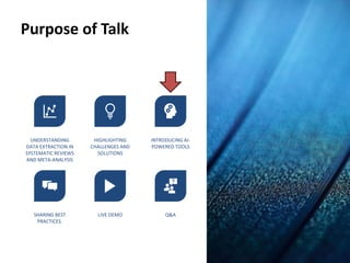 Purpose of Talk
UNDERSTANDING
DATA EXTRACTION IN
SYSTEMATIC REVIEWS
AND META-ANALYSIS
HIGHLIGHTING
CHALLENGES AND
SOLUTIONS
INTRODUCING AI-
POWERED TOOLS
SHARING BEST
PRACTICES.
LIVE DEMO Q&A
 