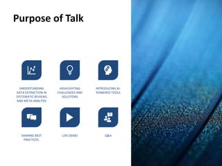 Purpose of Talk
UNDERSTANDING
DATA EXTRACTION IN
SYSTEMATIC REVIEWS
AND META-ANALYSIS
HIGHLIGHTING
CHALLENGES AND
SOLUTIONS
INTRODUCING AI-
POWERED TOOLS
SHARING BEST
PRACTICES.
LIVE DEMO Q&A
 