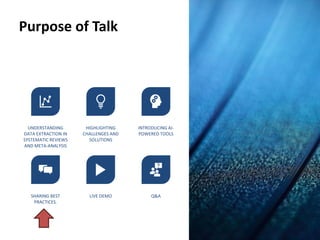 Purpose of Talk
UNDERSTANDING
DATA EXTRACTION IN
SYSTEMATIC REVIEWS
AND META-ANALYSIS
HIGHLIGHTING
CHALLENGES AND
SOLUTIONS
INTRODUCING AI-
POWERED TOOLS
SHARING BEST
PRACTICES.
LIVE DEMO Q&A
 