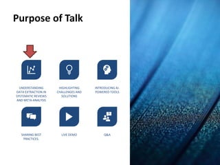 Purpose of Talk
UNDERSTANDING
DATA EXTRACTION IN
SYSTEMATIC REVIEWS
AND META-ANALYSIS
HIGHLIGHTING
CHALLENGES AND
SOLUTIONS
INTRODUCING AI-
POWERED TOOLS
SHARING BEST
PRACTICES.
LIVE DEMO Q&A
 