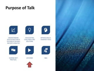 Purpose of Talk
UNDERSTANDING
DATA EXTRACTION IN
SYSTEMATIC REVIEWS
AND META-ANALYSIS
HIGHLIGHTING
CHALLENGES AND
SOLUTIONS
INTRODUCING AI-
POWERED TOOLS
SHARING BEST
PRACTICES.
LIVE DEMO Q&A
 