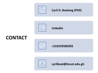 CONTACT
Cyril D. Boateng (PhD)
Linkedin
+233559580392
cyrilboat@knust.edu.gh
 