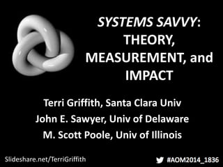 SYSTEMS SAVVY:
THEORY,
MEASUREMENT, and
IMPACT
Terri Griffith, Santa Clara Univ
John E. Sawyer, Univ of Delaware
M. Scott Poole, Univ of Illinois
Slideshare.net/TerriGriffith
 