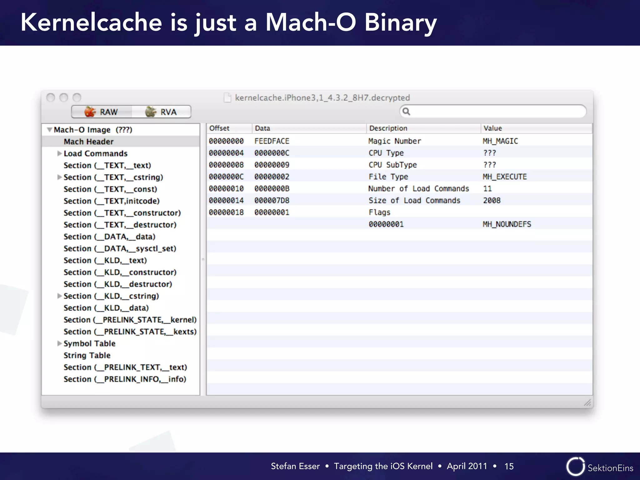 Kernelcache is just a Mach-O Binary




                     Stefan Esser • Targeting the iOS Kernel •  April 2011 •  15
 