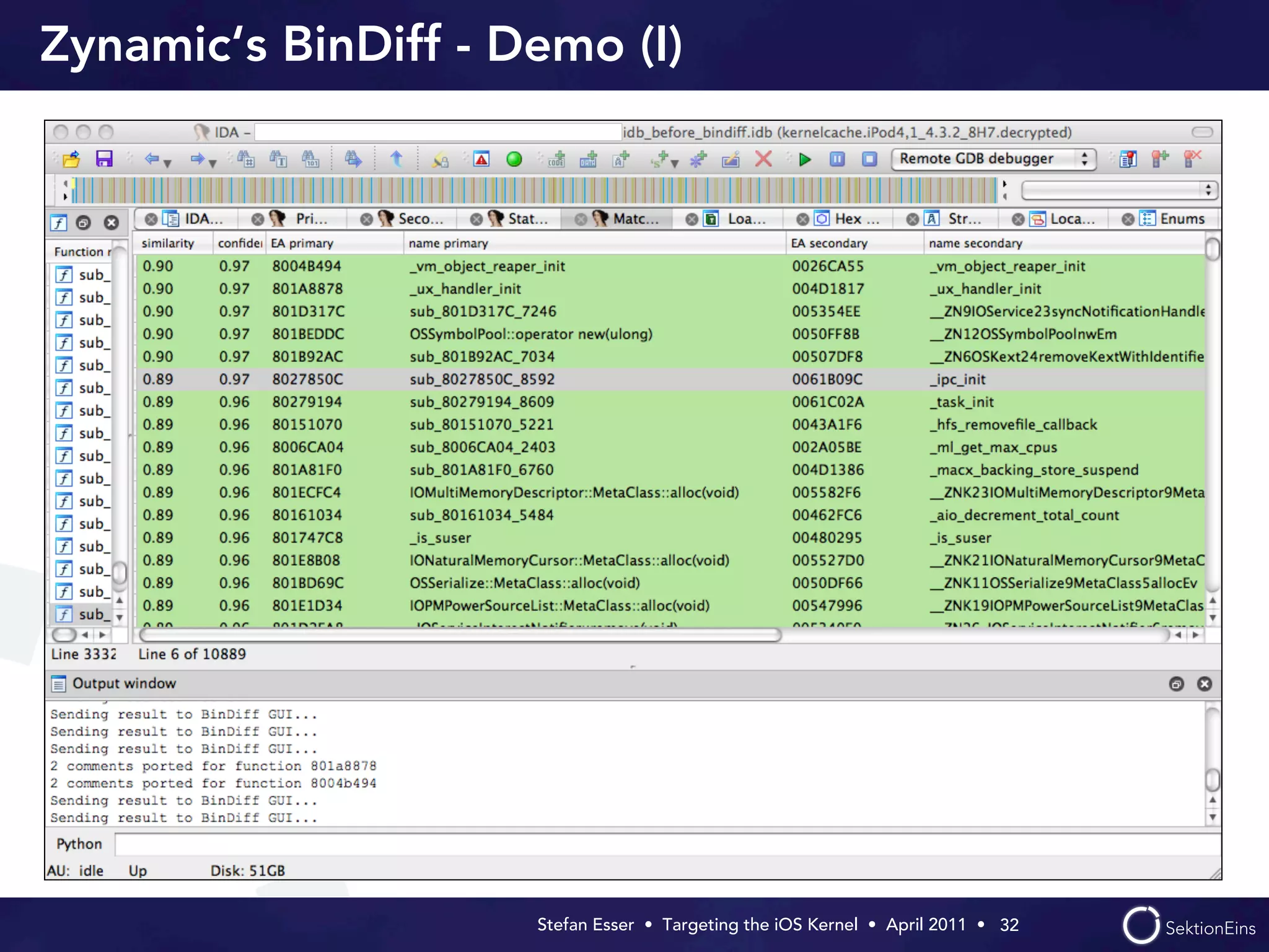Zynamic‘s BinDiff - Demo (I)




                     Stefan Esser • Targeting the iOS Kernel •  April 2011 •  32
 