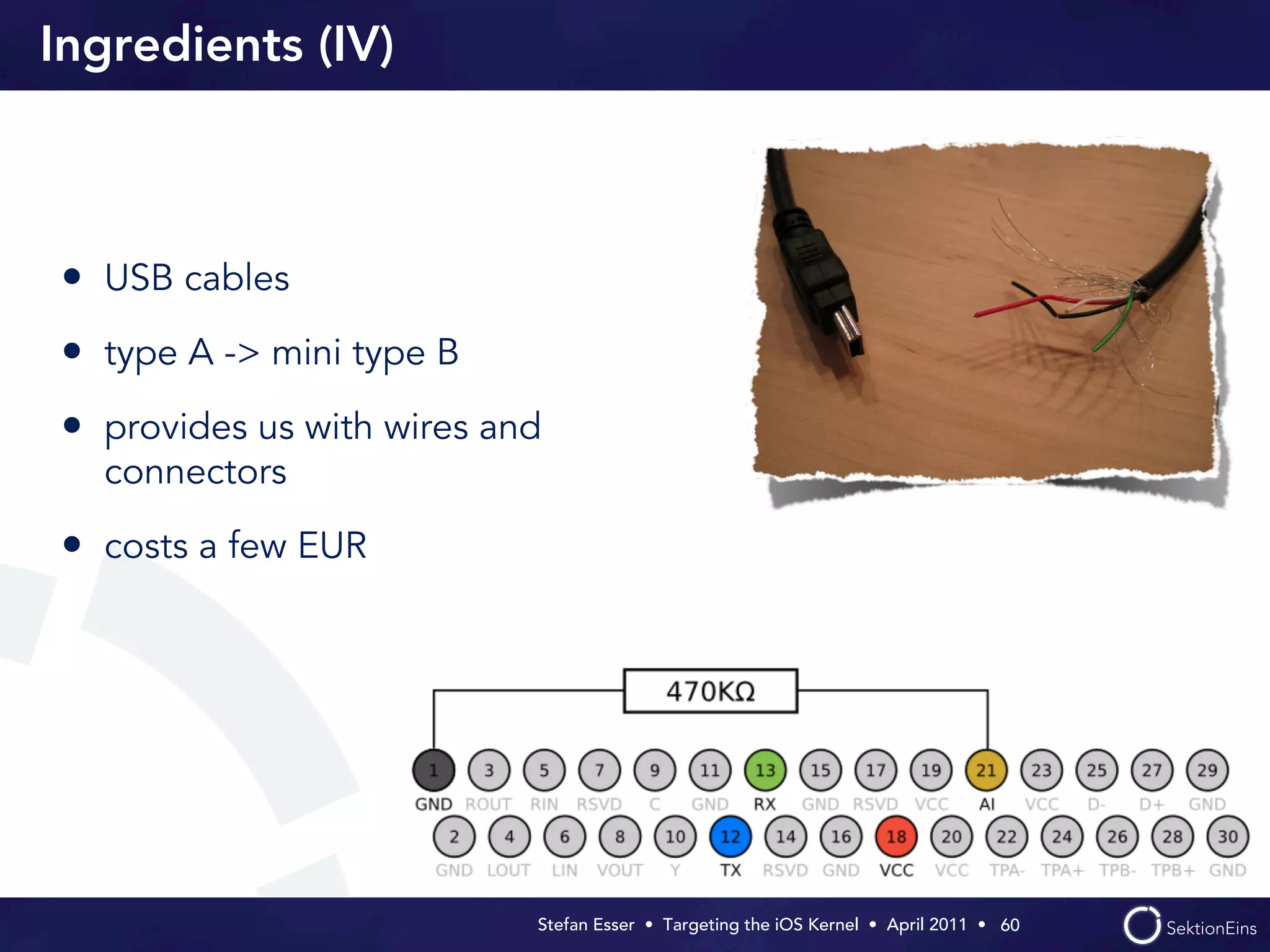 Ingredients (IV)



• USB cables
• type A -> mini type B
• provides us with wires and
  connectors

• costs a few EUR




                           Stefan Esser • Targeting the iOS Kernel •  April 2011 •  60
 