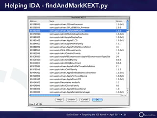 Helping IDA - ﬁndAndMarkKEXT.py




                  Stefan Esser • Targeting the iOS Kernel •  April 2011 •  21
 