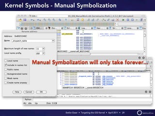 Kernel Symbols - Manual Symbolization




        Manual Symbolization will only take forever...




                     Stefan Esser • Targeting the iOS Kernel •  April 2011 •  29
 