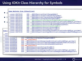 Using IOKit Class Hierarchy for Symbols

      Same Methods from IOUserClient
• most IOKit classes are without symbols
   __const:80270100   DCD __ZN9IOService12tellChangeUpEm+1
      __const:80270104     DCD __ZN9IOService16allowPowerChangeEm+1
•     __const:80270108     DCD __ZN9IOService17cancelPowerChangeEm+1
    however they are derived from base IOKit classes with symbols
      __const:8027010C     DCD __ZN9IOService15powerChangeDoneEm+1
      __const:80270110     DCD __ZN12IOUserClient14externalMethodEjP25IOExternalMet...
      __const:80270114     DCD __ZN12IOUserClient24registerNotificationPortEP8ipc_portmy+1
•   we can create symbols for overloaded methods
      __const:80270118     DCD __ZN12IOUserClient12initWithTaskEP4taskPvmP12OSDictionary+1
      __const:8027011C     DCD __ZN12IOUserClient12initWithTaskEP4taskPvm+1
      __const:80270120     DCD __ZN12IOUserClient11clientCloseEv+1
      __const:80270124     DCD __ZN12IOUserClient10clientDiedEv+1
      __const:80270128     DCD __ZN12IOUserClient10getServiceEv+1
      __const:8027012C     DCD __ZN12IOUserClient24registerNotificationPortEP8ipc_portmm+1
Some Methods from AppleBasebandUserClient
      __const:80270130     DCD __ZN12IOUserClient24getNotificationSemaphoreEmPP9semaphore+1
__const:8043A270     DCD __ZN9IOService12tellChangeUpEm+1
__const:8043A274     DCD __ZN9IOService16allowPowerChangeEm+1
__const:8043A278     DCD __ZN9IOService17cancelPowerChangeEm+1
__const:8043A27C     DCD __ZN9IOService15powerChangeDoneEm+1
__const:8043A280     DCD loc_80437D80+1
__const:8043A284     DCD __ZN12IOUserClient24registerNotificationPortEP8ipc_portmy+1
__const:8043A288     DCD __ZN12IOUserClient12initWithTaskEP4taskPvmP12OSDictionary+1
__const:8043A28C     DCD __ZN12IOUserClient12initWithTaskEP4taskPvm+1
__const:8043A290     DCD sub_80437D5C+1
__const:8043A294     DCD __ZN12IOUserClient10clientDiedEv+1
__const:8043A298     DCD __ZN12IOUserClient10getServiceEv+1
__const:8043A29C     DCD __ZN12IOUserClient24registerNotificationPortEP8ipc_portmm+1
__const:8043A2A0     DCD __ZN12IOUserClient24getNotificationSemaphoreEmPP9semaphore+1




                                       Stefan Esser • Targeting the iOS Kernel •  April 2011 •  35
 