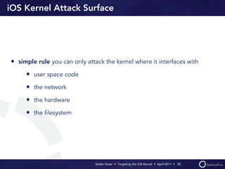 iOS Kernel Attack Surface




• simple rule you can only attack the kernel where it interfaces with
     • user space code
     • the network
     • the hardware
     • the ﬁlesystem




                               Stefan Esser • Targeting the iOS Kernel •  April 2011 •  39
 