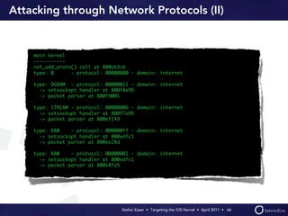 Attacking through Network Protocols (II)


    main kernel
    -----------
    net_add_proto() call at 800eb3c6
    type: 0      - protocol: 00000000 - domain: internet

    type: DGRAM - protocol: 00000011 - domain: internet
      -> setsockopt handler at 800f8e95
      -> packet parser at 800f9001

    type: STREAM - protocol: 00000006 - domain: internet
      -> setsockopt handler at 800f7a95
      -> packet parser at 800ef249

    type: RAW    - protocol: 000000ff - domain: internet
      -> setsockopt handler at 800edfc1
      -> packet parser at 800ee28d

    type: RAW    - protocol: 00000001 - domain: internet
      -> setsockopt handler at 800edfc1
      -> packet parser at 800e8fa5




                                  Stefan Esser • Targeting the iOS Kernel •  April 2011 •  44
 