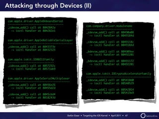 Attacking through Devices (II)

 com.apple.driver.AppleOnboardSerial
 -----------------------------------
                                                         com.company.driver.modulename
 _cdevsw_add() call at 8042842a
                                                         -----------------------------
   -> ioctl handler at 804282e1
                                                         _cdevsw_add() call at 80490a08
                                                           -> ioctl handler at 8049184d
 com.apple.driver.AppleReliableSerialLayer
                                                         _cdevsw_add() call at 8049118c
 -----------------------------------------
                                                           -> ioctl handler at 8049184d
 _cdevsw_add() call at 8043373e
   -> ioctl handler at 80432525
                                                         _bdevsw_add() call at 804909ee
                                                           -> ioctl handler at 80492201
 com.apple.iokit.IO80211Family
                                                         _bdevsw_add() call at 80491172
 -----------------------------
                                                           -> ioctl handler at 80492201
 _cdevsw_add() call at 8057252c
   -> ioctl handler at 80571ab9
                                                         com.apple.iokit.IOCryptoAcceleratorFamily
                                                         -----------------------------------------
 com.apple.driver.AppleSerialMultiplexer
                                                         _cdevsw_add() call at 805410d0
 ---------------------------------------
                                                           -> ioctl handler at 80540529
 _cdevsw_add() call at 80456e26
   -> ioctl handler at 80455d2d
                                                         _cdevsw_add() call at 80542014
                                                           -> ioctl handler at 805419a9
 _cdevsw_add() call at 8045cbd4
   -> ioctl handler at 8018243d




                                       Stefan Esser • Targeting the iOS Kernel •  April 2011 •  47
 