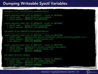 Dumping Writeable Sysctl Variables
com.apple.iokit.IOSCSIArchitectureModelFamily
---------------------------------------------
sysctl_register_oid() call at 80794e1c - struct at 80796a88
  -> sysctl name:    debug.SCSIArchitectureModel
  -> sysctl handler: 80794cd1 (sub_80794CD0)

sysctl_register_oid() call at 80794ef0 - struct at 80796a88
  -> sysctl name:    debug.SCSIArchitectureModel
  -> sysctl handler: 80794cd1 (sub_80794CD0)

com.apple.driver.AppleProfileThreadInfoAction
---------------------------------------------
sysctl_register_oid() call at 803f1c6e - struct at 803f2700
  -> sysctl name:    appleprofile.actions.threadinfo.default_continuous_buffer_size
  -> sysctl handler: 8017bfb9 (_sysctl_handle_int)
  -> var address:    803f2760 00000000

sysctl_register_oid() call at 803f1c72 - struct at 803f2730
  -> sysctl name:    appleprofile.actions.threadinfo.max_memory
  -> sysctl handler: 8017bfb9 (_sysctl_handle_int)
  -> var address:    803f281c 00000000

com.apple.security.sandbox
--------------------------
sysctl_register_oid() call at 8093647a - struct at 8093b57c
  -> sysctl name:    security.mac.sandbox.debug_mode
  -> sysctl handler: 8017bfb9 (_sysctl_handle_int)
  -> var address:    8093b548 00000000



                                     Stefan Esser • Targeting the iOS Kernel •  April 2011 •  50
 