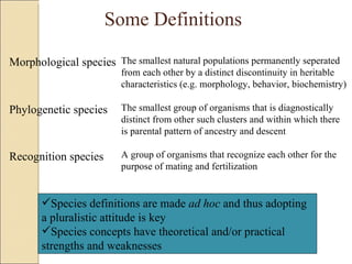 Some Definitions Morphological species The smallest natural populations permanently seperated from each other by a distinct discontinuity in heritable characteristics (e.g. morphology, behavior, biochemistry) The smallest group of organisms that is diagnostically distinct from other such clusters and within which there is parental pattern of ancestry and descent A group of organisms that recognize each other for the purpose of mating and fertilization Phylogenetic species Recognition species Species definitions are made  ad hoc  and thus adopting a pluralistic attitude is key Species concepts have theoretical and/or practical strengths and weaknesses 