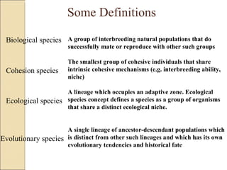 Some Definitions Biological species A group of interbreeding natural populations that do successfully mate or reproduce with other such groups The smallest group of cohesive individuals that share intrinsic cohesive mechanisms (e.g. interbreeding ability, niche) A lineage which occupies an adaptive zone.  Ecological species concept defines a species as a group of organisms that share a distinct ecological niche.   A single lineage of ancestor-descendant populations which is distinct from other such lineages and which has its own evolutionary tendencies and historical fate Cohesion species Ecological species Evolutionary species 