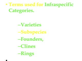 Terms used for Infraspecific Categories.VarietiesSubspeciesFounders, Clines Rings
