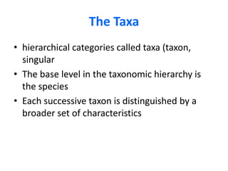 The Taxahierarchical categories called taxa (taxon, singularThe base level in the taxonomic hierarchy is the speciesEach successive taxon is distinguished by a broader set of characteristics