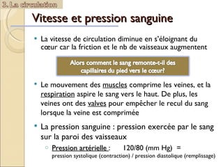 Vitesse et pression sanguine  La vitesse de circulation diminue en s’éloignant du cœur car la friction et le nb de vaisseaux augmentent Le mouvement des  muscles  comprime les veines, et la  respiration  aspire le sang vers le haut. De plus, les veines ont des  valves  pour empêcher le recul du sang lorsque la veine est comprimée La pression sanguine : pression exercée par le sang sur la paroi des vaisseaux Pression artérielle  :  120/80 (mm Hg)  =  pression systolique (contraction) / pression diastolique (remplissage)  
