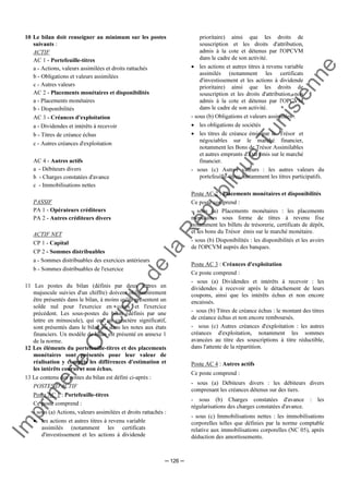 Im
prim
erie
O
fficielle
de
la
République
Tunisienne
─ 126 ─
10 Le bilan doit renseigner au minimum sur les postes
suivants :
ACTIF
AC 1 - Portefeuille-titres
a - Actions, valeurs assimilées et droits rattachés
b - Obligations et valeurs assimilées
c - Autres valeurs
AC 2 - Placements monétaires et disponibilités
a - Placements monétaires
b - Disponibilités
AC 3 - Créances d'exploitation
a - Dividendes et intérêts à recevoir
b - Titres de créance échus
c - Autres créances d'exploitation
AC 4 - Autres actifs
a - Débiteurs divers
b - Charges constatées d'avance
c - Immobilisations nettes
PASSIF
PA 1 - Opérateurs créditeurs
PA 2 - Autres créditeurs divers
ACTIF NET
CP 1 - Capital
CP 2 - Sommes distribuables
a - Sommes distribuables des exercices antérieurs
b - Sommes distribuables de l'exercice
11 Les postes du bilan (définis par deux lettres en
majuscule suivies d'un chiffre) doivent obligatoirement
être présentés dans le bilan, à moins qu'ils présentent un
solde nul pour l'exercice en cours et l'exercice
précédent. Les sous-postes du bilan (définis par une
lettre en minuscule), qui ont un caractère significatif,
sont présentés dans le bilan ou dans les notes aux états
financiers. Un modèle de bilan est présenté en annexe 1
de la norme.
12 Les éléments du portefeuille-titres et des placements
monétaires sont présentés pour leur valeur de
réalisation y compris les différences d'estimation et
les intérêts courus et non échus.
13 Le contenu des postes du bilan est défini ci-après :
POSTES D'ACTIF
Poste AC 1 : Portefeuille-titres
Ce poste comprend :
- sous (a) Actions, valeurs assimilées et droits rattachés :
• les actions et autres titres à revenu variable
assimilés (notamment les certificats
d'investissement et les actions à dividende
prioritaire) ainsi que les droits de
souscription et les droits d'attribution,
admis à la cote et détenus par l'OPCVM
dans le cadre de son activité.
• les actions et autres titres à revenu variable
assimilés (notamment les certificats
d'investissement et les actions à dividende
prioritaire) ainsi que les droits de
souscription et les droits d'attribution, non
admis à la cote et détenus par l'OPCVM
dans le cadre de son activité.
- sous (b) Obligations et valeurs assimilées :
• les obligations de sociétés
• les titres de créance émis par le Trésor et
négociables sur le marché financier,
notamment les Bons de Trésor Assimilables
et autres emprunts d'Etat émis sur le marché
financier.
- sous (c) Autres valeurs : les autres valeurs du
portefeuille-titres, notamment les titres participatifs.
Poste AC 2 : Placements monétaires et disponibilités
Ce poste comprend :
- sous (a) Placements monétaires : les placements
monétaires sous forme de titres à revenu fixe
notamment les billets de trésorerie, certificats de dépôt,
et les bons du Trésor émis sur le marché monétaire.
- sous (b) Disponibilités : les disponibilités et les avoirs
de l'OPCVM auprès des banques.
Poste AC 3 : Créances d'exploitation
Ce poste comprend :
- sous (a) Dividendes et intérêts à recevoir : les
dividendes à recevoir après le détachement de leurs
coupons, ainsi que les intérêts échus et non encore
encaissés.
- sous (b) Titres de créance échus : le montant des titres
de créance échus et non encore remboursés.
- sous (c) Autres créances d'exploitation : les autres
créances d'exploitation, notamment les sommes
avancées au titre des souscriptions à titre réductible,
dans l'attente de la répartition.
Poste AC 4 : Autres actifs
Ce poste comprend :
- sous (a) Débiteurs divers : les débiteurs divers
comprenant les créances détenus sur des tiers.
- sous (b) Charges constatées d'avance : les
régularisations des charges constatées d'avance.
- sous (c) Immobilisations nettes : les immobilisations
corporelles telles que définies par la norme comptable
relative aux immobilisations corporelles (NC 05), après
déduction des amortissements.
 