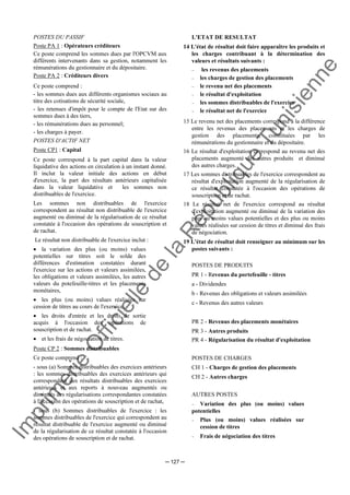 Im
prim
erie
O
fficielle
de
la
République
Tunisienne
─ 127 ─
POSTES DU PASSIF
Poste PA 1 : Opérateurs créditeurs
Ce poste comprend les sommes dues par l'OPCVM aux
différents intervenants dans sa gestion, notamment les
rémunérations du gestionnaire et du dépositaire.
Poste PA 2 : Créditeurs divers
Ce poste comprend :
- les sommes dues aux différents organismes sociaux au
titre des cotisations de sécurité sociale,
- les retenues d'impôt pour le compte de l'Etat sur des
sommes dues à des tiers,
- les rémunérations dues au personnel;
- les charges à payer.
POSTES D'ACTIF NET
Poste CP1 : Capital
Ce poste correspond à la part capital dans la valeur
liquidative des actions en circulation à un instant donné.
Il inclut la valeur initiale des actions en début
d'exercice, la part des résultats antérieurs capitalisée
dans la valeur liquidative et les sommes non
distribuables de l'exercice.
Les sommes non distribuables de l'exercice
correspondent au résultat non distribuable de l'exercice
augmenté ou diminué de la régularisation de ce résultat
constatée à l'occasion des opérations de souscription et
de rachat.
Le résultat non distribuable de l'exercice inclut :
• la variation des plus (ou moins) values
potentielles sur titres soit le solde des
différences d'estimation constatées durant
l'exercice sur les actions et valeurs assimilées,
les obligations et valeurs assimilées, les autres
valeurs du potefeuille-titres et les placements
monétaires,
• les plus (ou moins) values réalisées sur
cession de titres au cours de l'exercice,
• les droits d'entrée et les droits de sortie
acquis à l'occasion des opérations de
souscription et de rachat.
• et les frais de négociation de titres.
Poste CP 2 : Sommes distribuables
Ce poste comprend :
- sous (a) Sommes distribuables des exercices antérieurs
: les sommes distribuables des exercices antérieurs qui
correspondent aux résultats distribuables des exercices
antérieurs et aux reports à nouveau augmentés ou
diminués des régularisations correspondantes constatées
à l'occasion des opérations de souscription et de rachat,
- sous (b) Sommes distribuables de l'exercice : les
sommes distribuables de l'exercice qui correspondent au
résultat distribuable de l'exercice augmenté ou diminué
de la régularisation de ce résultat constatée à l'occasion
des opérations de souscription et de rachat.
L'ETAT DE RESULTAT
14 L'état de résultat doit faire apparaître les produits et
les charges contribuant à la détermination des
valeurs et résultats suivants :
− les revenus des placements
− les charges de gestion des placements
− le revenu net des placements
− le résultat d'exploitation
− les sommes distribuables de l'exercice
− le résultat net de l'exercice
15 Le revenu net des placements correspond à la différence
entre les revenus des placements et les charges de
gestion des placements, constituées par les
rémunérations du gestionnaire et du dépositaire.
16 Le résultat d'exploitation correspond au revenu net des
placements augmenté des autres produits et diminué
des autres charges.
17 Les sommes distribuables de l'exercice correspondent au
résultat d'exploitation augmenté de la régularisation de
ce résultat constatée à l'occasion des opérations de
souscription et de rachat.
18 Le résultat net de l'exercice correspond au résultat
d'exploitation augmenté ou diminué de la variation des
plus ou moins values potentielles et des plus ou moins
values réalisées sur cession de titres et diminué des frais
de négociation.
19 L'état de résultat doit renseigner au minimum sur les
postes suivants :
POSTES DE PRODUITS
PR 1 - Revenus du portefeuille - titres
a - Dividendes
b - Revenus des obligations et valeurs assimilées
c - Revenus des autres valeurs
PR 2 - Revenus des placements monétaires
PR 3 - Autres produits
PR 4 - Régularisation du résultat d'exploitation
POSTES DE CHARGES
CH 1 - Charges de gestion des placements
CH 2 - Autres charges
AUTRES POSTES
− Variation des plus (ou moins) values
potentielles
− Plus (ou moins) values réalisées sur
cession de titres
− Frais de négociation des titres
 