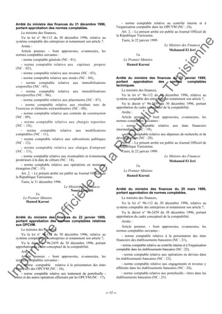 Im
prim
erie
O
fficielle
de
la
République
Tunisienne
─ 17 ─
Arrêté du ministre des finances du 31 décembre 1996,
portant approbation des normes comptables.
Le ministre des finances,
Vu la loi n° 96-112 du 30 décembre 1996, relative au
système comptable des entreprises et notamment son article 7.
Arrête :
Article premier. - Sont approuvées, ci-annexées, les
normes comptables suivantes :
- norme comptable générale (NC : 01),
- norme comptable relative aux capitaux propres
(NC : 02),
- norme comptable relative aux revenus (NC : 03),
- norme comptable relative aux stocks (NC : 04),
- norme comptable relative aux immobilisations
corporelles (NC : 05),
- norme comptable relative aux immobilisations
incorporelles (NC : 06),
- norme comptable relative aux placements (NC : 07),
- norme comptable relative aux résultats nets de
l'exercice et éléments extraordinaires (NC : 08),
- norme comptable relative aux contrats de construction
(NC : 09),
- norme comptable relative aux charges reportées
(NC : 10),
- norme comptable relative aux modifications
comptables (NC : 11),
- norme comptable relative aux subventions publiques
(NC : 12),
- norme comptable relative aux charges d'emprunt
(NC : 13),
- norme comptable relative aux éventualités et événements
postérieurs à la date de clôture (NC : 14),
- norme comptable relative aux opérations en monnaies
étrangères (NC : 15).
Art. 2. - Le présent arrêté est publié au Journal Officiel de
la République Tunisienne.
Tunis, le 31 décembre 1996.
Le Ministre des Finances
Nouri Zorgatti
Vu
Le Premier Ministre
Hamed Karoui
Arrêté du ministre des finances du 22 janvier 1999,
portant approbation des normes comptables relatives
aux OPCVM.
Le ministre des finances,
Vu la loi n° 96-112 du 30 décembre 1996, relative au
système comptable des entreprises et notamment son article 7,
Vu le décret n° 96-2459 du 30 décembre 1996, portant
approbation du cadre conceptuel de la comptabilité.
Arrête :
Article premier. - Sont approuvées, ci-annexées, les
normes comptables suivantes :
- norme comptable relative à la présentation des états
financiers des OPCVM (NC : 16),
- norme comptable relative aux traitement du portefeuille -
titres et des autres opérations effectuées par les OPCVM (NC : 17),
- norme comptable relative au contrôle interne et à
l'organisation comptable dans les OPCVM (NC : 18),
Art. 2. - Le présent arrêté est publié au Journal Officiel de
la République Tunisienne.
Tunis, le 22 janvier 1999.
Le Ministre des Finances
Mohamed El Jeri
Vu
Le Premier Ministre
Hamed Karoui
Arrêté du ministre des finances du 22 janvier 1999,
portant approbation des normes comptables
techniques.
Le ministre des finances,
Vu la loi n° 96-112 du 30 décembre 1996, relative au
système comptable des entreprises et notamment son article 7,
Vu le décret n° 96-2459 du 30 décembre 1996, portant
approbation du cadre conceptuel de la comptabilité.
Arrête :
Article premier. - Sont approuvées, ci-annexées, les
normes comptables suivantes :
- norme comptable relative aux états financiers
intermédiaires (NC : 19),
- norme comptable relative aux dépenses de recherche et de
développement (NC : 20).
Art. 2. - Le présent arrêté est publié au Journal Officiel de
la République Tunisienne.
Tunis, le 22 janvier 1999.
Le Ministre des Finances
Mohamed El Jeri
Vu
Le Premier Ministre
Hamed Karoui
Arrêté du ministre des finances du 25 mars 1999,
portant approbation de normes comptables.
Le ministre des finances,
Vu la loi n° 96-112 du 30 décembre 1996, relative au
système comptable des entreprises et notamment son article 7,
Vu le décret n° 96-2459 du 30 décembre 1996, portant
approbation du cadre conceptuel de la comptabilité.
Arrête :
Article premier. - Sont approuvées, ci-annexées, les
normes comptables suivantes :
- norme comptable relative à la présentation des états
financiers des établissements bancaires (NC : 21),
- norme comptable relative au contrôle interne et à l'organisation
comptable dans les établissements bancaires (NC : 22),
- norme comptable relative aux opérations en devises dans
les établissements bancaires (NC : 23),
- norme comptable relative aux engagements et revenus y
afférents dans les établissements bancaires (NC : 24),
- norme comptable relative aux portefeuille - titres dans les
établissements bancaires (NC : 25).
 