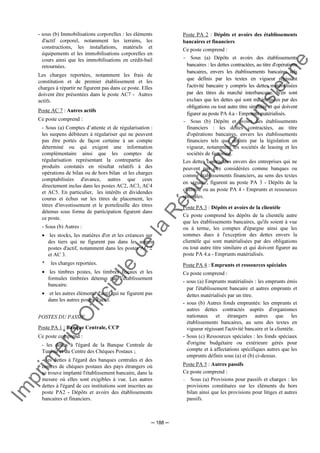 Im
prim
erie
O
fficielle
de
la
République
Tunisienne
─ 188 ─
- sous (b) Immobilisations corporelles : les éléments
d'actif corporel, notamment les terrains, les
constructions, les installations, matériels et
équipements et les immobilisations corporelles en
cours ainsi que les immobilisations en crédit-bail
retournées.
Les charges reportées, notamment les frais de
constitution et de premier établissement et les
charges à répartir ne figurent pas dans ce poste. Elles
doivent être présentées dans le poste AC7 - Autres
actifs.
Poste AC 7 : Autres actifs
Ce poste comprend :
- Sous (a) Comptes d’attente et de régularisation :
les suspens débiteurs à régulariser qui ne peuvent
pas être portés de façon certaine à un compte
déterminé ou qui exigent une information
complémentaire ainsi que les comptes de
régularisation représentant la contrepartie des
produits constatés en résultat relatifs à des
opérations de bilan ou de hors bilan et les charges
comptabilisées d'avance, autres que ceux
directement inclus dans les postes AC2, AC3, AC4
et AC5. En particulier, les intérêts et dividendes
courus et échus sur les titres de placement, les
titres d'investissement et le portefeuille des titres
détenus sous forme de participation figurent dans
ce poste.
- Sous (b) Autres :
• les stocks, les matières d'or et les créances sur
des tiers qui ne figurent pas dans les autres
postes d'actif, notamment dans les postes AC 2
et AC 3.
* les charges reportées.
• les timbres postes, les timbres fiscaux et les
formules timbrées détenus par l’établissement
bancaire.
• et les autres éléments d'actif qui ne figurent pas
dans les autres postes d'actif.
POSTES DU PASSIF
Poste PA 1 : Banque Centrale, CCP
Ce poste comprend :
- les dettes à l'égard de la Banque Centrale de
Tunisie et du Centre des Chèques Postaux ;
- les dettes à l'égard des banques centrales et des
centres de chèques postaux des pays étrangers où
se trouve implanté l'établissement bancaire, dans la
mesure où elles sont exigibles à vue. Les autres
dettes à l'égard de ces institutions sont inscrites au
poste PA2 - Dépôts et avoirs des établissements
bancaires et financiers.
Poste PA 2 : Dépôts et avoirs des établissements
bancaires et financiers
Ce poste comprend :
- Sous (a) Dépôts et avoirs des établissements
bancaires : les dettes contractées, au titre d'opérations
bancaires, envers les établissements bancaires tels
que définis par les textes en vigueur régissant
l'activité bancaire y compris les dettes matérialisées
par des titres du marché interbancaire. N'en sont
exclues que les dettes qui sont matérialisées par des
obligations ou tout autre titre similaire et qui doivent
figurer au poste PA 4.a - Emprunts matérialisés.
- Sous (b) Dépôts et avoirs des établissements
financiers : les dettes contractées, au titre
d'opérations bancaires, envers les établissements
financiers tels que définis par la législation en
vigueur, notamment les sociétés de leasing et les
sociétés de factoring.
Les dettes contractées envers des entreprises qui ne
peuvent pas être considérées comme banques ou
comme établissements financiers, au sens des textes
en vigueur, figurent au poste PA 3 - Dépôts de la
clientèle ou au poste PA 4 - Emprunts et ressources
spéciales.
Poste PA 3 : Dépôts et avoirs de la clientèle
Ce poste comprend les dépôts de la clientèle autre
que les établissements bancaires, qu'ils soient à vue
ou à terme, les comptes d'épargne ainsi que les
sommes dues à l'exception des dettes envers la
clientèle qui sont matérialisées par des obligations
ou tout autre titre similaire et qui doivent figurer au
poste PA 4.a - Emprunts matérialisés.
Poste PA 4 : Emprunts et ressources spéciales
Ce poste comprend :
- sous (a) Emprunts matérialisés : les emprunts émis
par l'établissement bancaire et autres emprunts et
dettes matérialisés par un titre.
- sous (b) Autres fonds empruntés: les emprunts et
autres dettes contractés auprès d'organismes
nationaux et étrangers autres que les
établissements bancaires, au sens des textes en
vigueur régissant l'activité bancaire et la clientèle.
- Sous (c) Ressources spéciales : les fonds spéciaux
d'origine budgétaire ou extérieure gérés pour
compte et à affectations spécifiques autres que les
emprunts définis sous (a) et (b) ci-dessus.
Poste PA 5 : Autres passifs
Ce poste comprend :
− Sous (a) Provisions pour passifs et charges : les
provisions constituées sur les éléments du hors
bilan ainsi que les provisions pour litiges et autres
passifs.
 